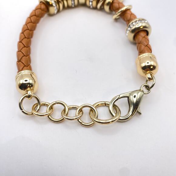 Signed NY&C Watch Charm Bracelet Heart Love Woven Brown Leather Gold Tone - 7" - Picture 7 of 10